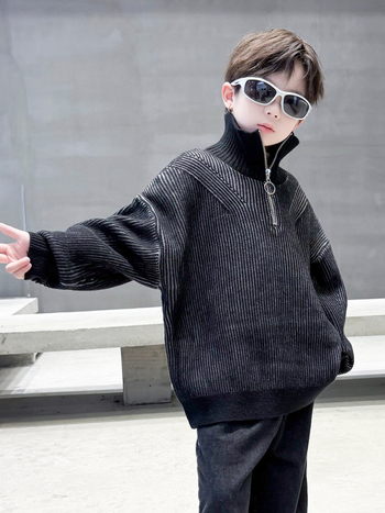 Pulover pentru băieți cu guler înalt, tricot din amestec acrilic, model în dungi, gros pentru iarnă, pentru copii 8+ ani