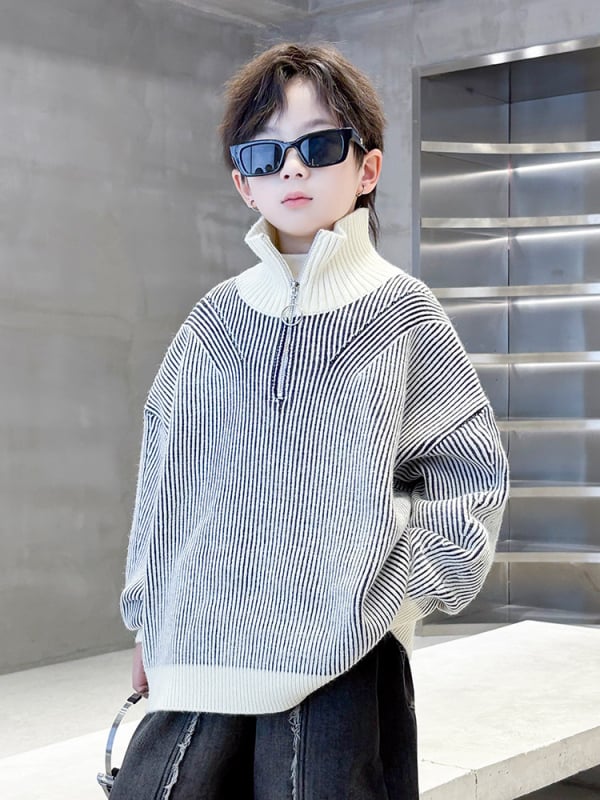 Pulover pentru băieți cu guler înalt, tricot din amestec acrilic, model în dungi, gros pentru iarnă, pentru copii 8+ ani