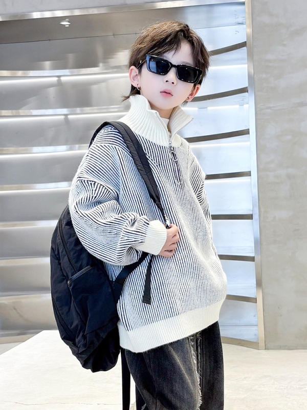 Pulover pentru băieți cu guler înalt, tricot din amestec acrilic, model în dungi, gros pentru iarnă, pentru copii 8+ ani