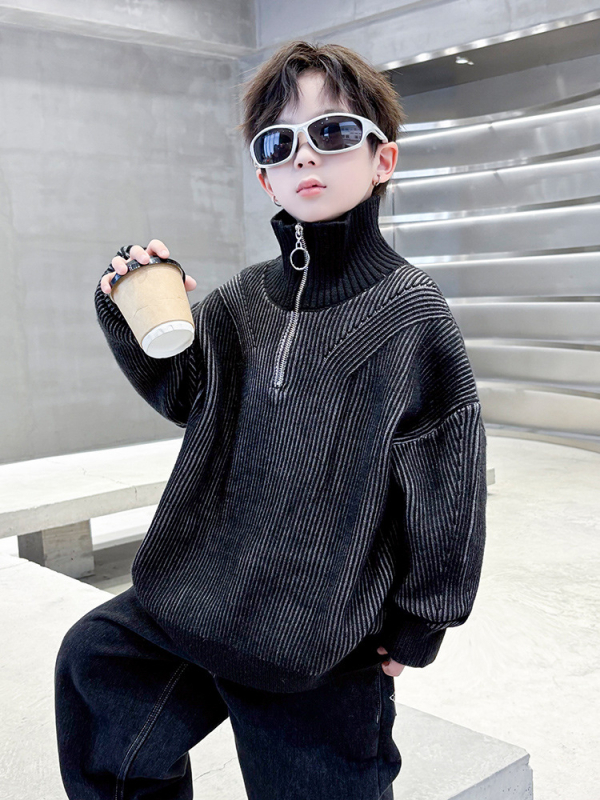 Pulover pentru băieți cu guler înalt, tricot din amestec acrilic, model în dungi, gros pentru iarnă, pentru copii 8+ ani