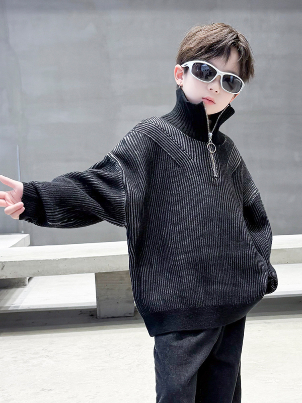 Pulover pentru băieți cu guler înalt, tricot din amestec acrilic, model în dungi, gros pentru iarnă, pentru copii 8+ ani