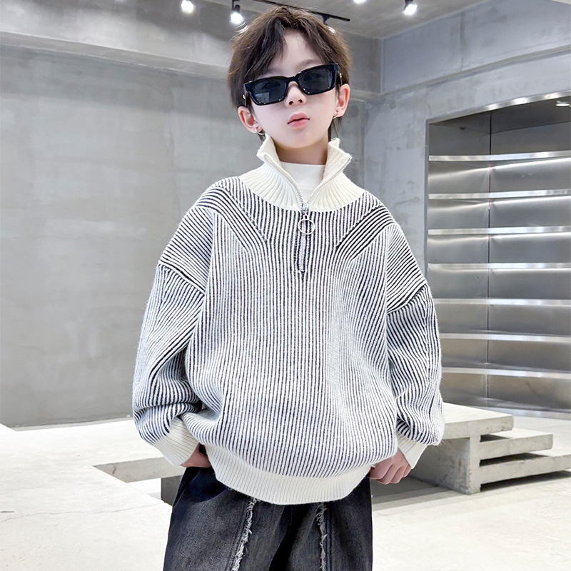 Pulover pentru băieți cu guler înalt, tricot din amestec acrilic, model în dungi, gros pentru iarnă, pentru copii 8+ ani