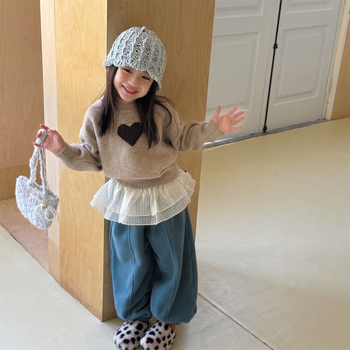 Pulover tricotat pentru copii, stil coreean, amestec gros de lână, guler rotund, mâneci lungi, model cu desene animate și litere