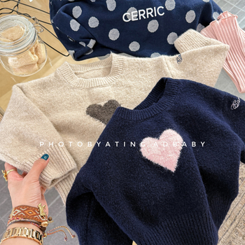 Pulover tricotat pentru copii, stil coreean, amestec gros de lână, guler rotund, mâneci lungi, model cu desene animate și litere
