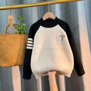 Pulover tricotat cu glugă pentru băieți, căptușit cu fleece, gros pentru iarnă, manșete lungi