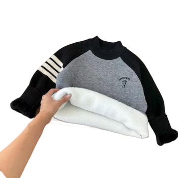 Pulover tricotat cu glugă pentru băieți, căptușit cu fleece, gros pentru iarnă, manșete lungi