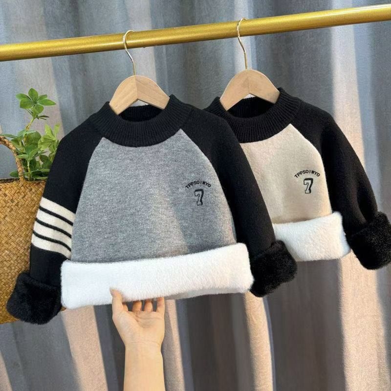 Pulover tricotat cu glugă pentru băieți, căptușit cu fleece, gros pentru iarnă, manșete lungi