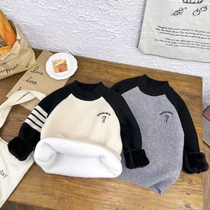 Pulover tricotat cu glugă pentru băieți, căptușit cu fleece, gros pentru iarnă, manșete lungi