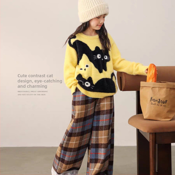 Pulover tricotat pentru fete cu blană de iepure, glugă, gros pentru iarnă, mâneci lungi, guler rotund