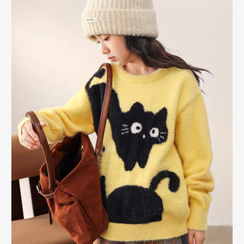 Pulover tricotat pentru fete cu blană de iepure, glugă, gros pentru iarnă, mâneci lungi, guler rotund