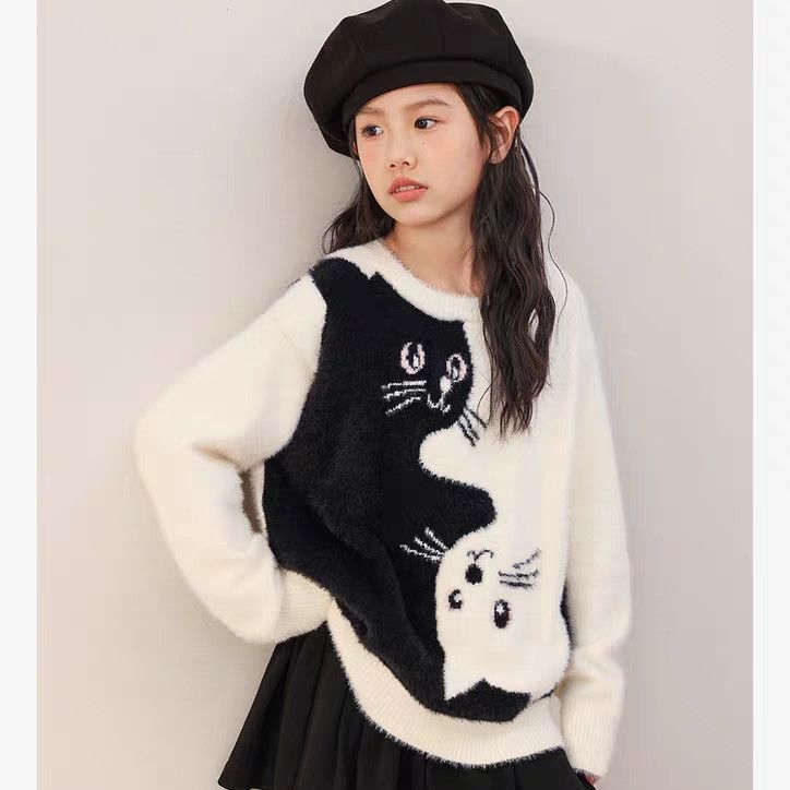 Pulover tricotat pentru fete cu blană de iepure, glugă, gros pentru iarnă, mâneci lungi, guler rotund