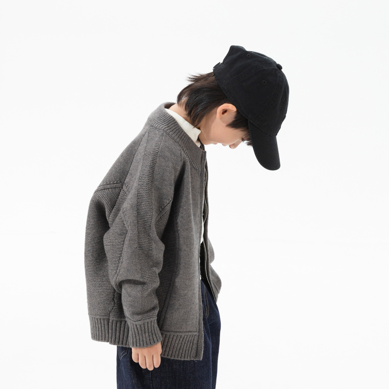 Cardigan tricotat pentru copii, guler înalt, fermoar, mâneci lungi, colecție toamnă-iarnă 2025, pentru băieți 3–8 ani