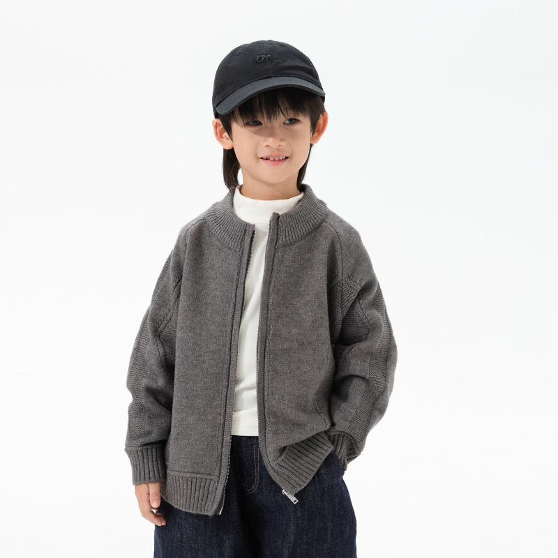 Cardigan tricotat pentru copii, guler înalt, fermoar, mâneci lungi, colecție toamnă-iarnă 2025, pentru băieți 3–8 ani