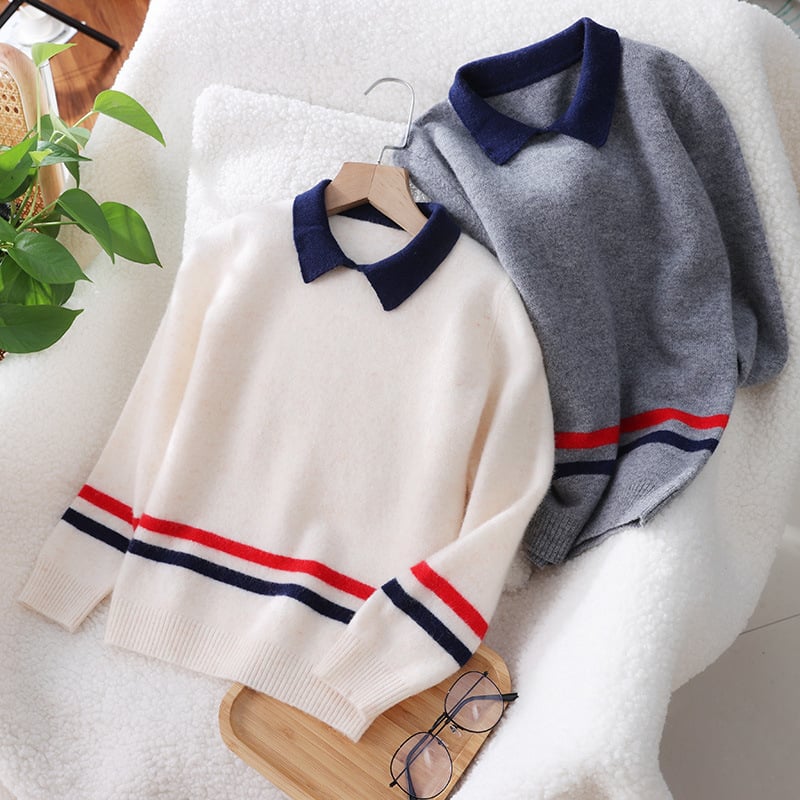 Pulover pentru copii cu guler polo, 100% lână, mâneci lungi, pentru copii 8+ ani