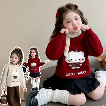 Pulover pentru fete, stil coreean, imprimeu desen animat, mânecă lungă, tricot din acrilic 75%