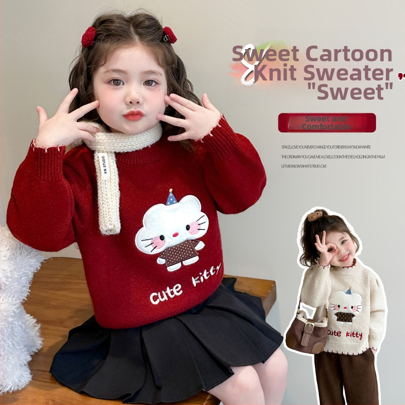 Pulover pentru fete, stil coreean, imprimeu desen animat, mânecă lungă, tricot din acrilic 75%