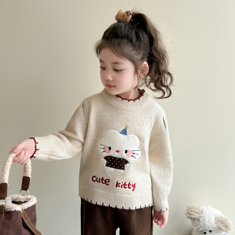 Pulover pentru fete, stil coreean, imprimeu desen animat, mânecă lungă, tricot din acrilic 75%