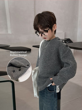 Pulover tricotat gros pentru băieți, guler rotund, din blană de iepure — iarnă, mâneci lungi