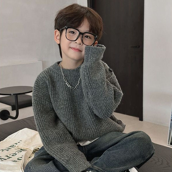 Pulover tricotat gros pentru băieți, guler rotund, din blană de iepure — iarnă, mâneci lungi