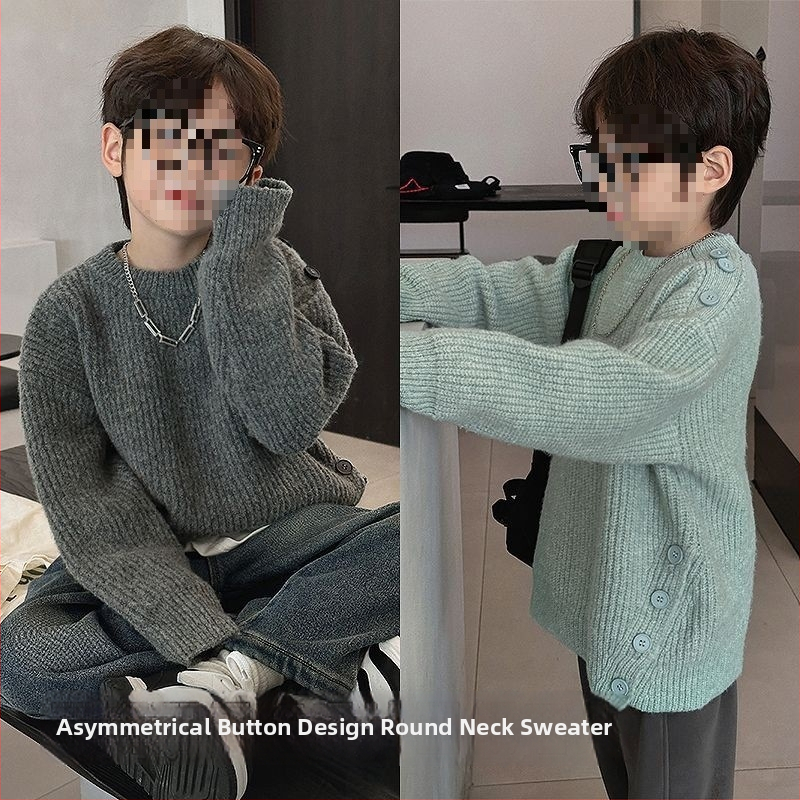 Pulover tricotat gros pentru băieți, guler rotund, din blană de iepure — iarnă, mâneci lungi