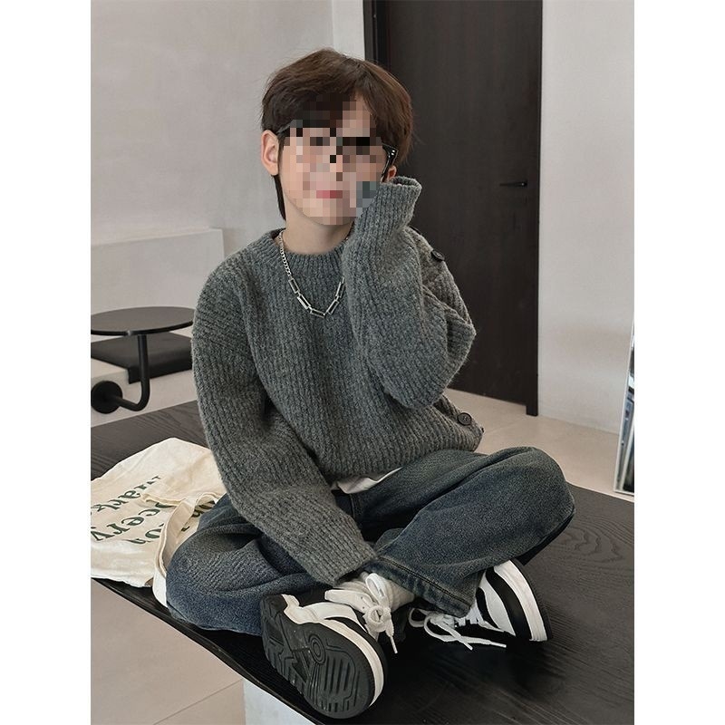 Pulover tricotat gros pentru băieți, guler rotund, din blană de iepure — iarnă, mâneci lungi