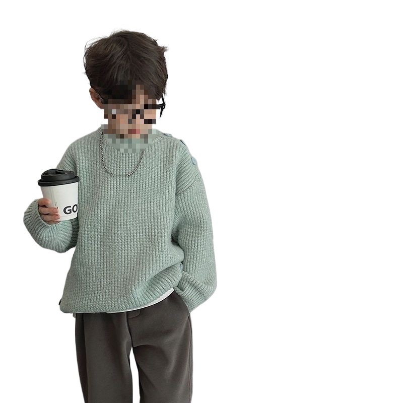 Pulover tricotat gros pentru băieți, guler rotund, din blană de iepure — iarnă, mâneci lungi