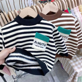 Pulover copii tricotat cu dungi, 90% bumbac, fleece interior, guler rotund, mâneci lungi, stil coreean, pentru copii 3–8 ani, toamnă, grosime normală