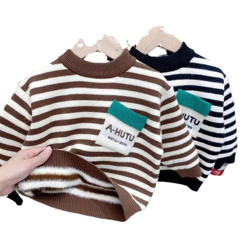 Pulover copii tricotat cu dungi, 90% bumbac, fleece interior, guler rotund, mâneci lungi, stil coreean, pentru copii 3–8 ani, toamnă, grosime normală