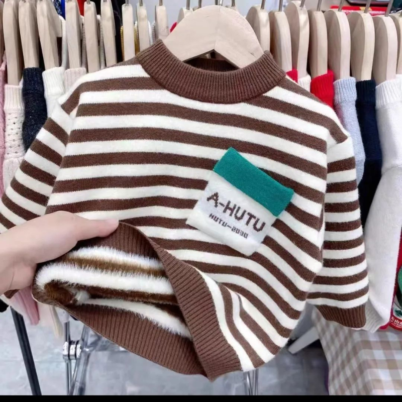 Pulover copii tricotat cu dungi, 90% bumbac, fleece interior, guler rotund, mâneci lungi, stil coreean, pentru copii 3–8 ani, toamnă, grosime normală