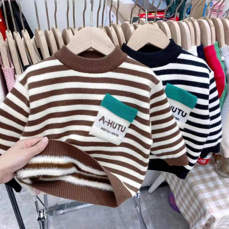 Pulover copii tricotat cu dungi, 90% bumbac, fleece interior, guler rotund, mâneci lungi, stil coreean, pentru copii 3–8 ani, toamnă, grosime normală