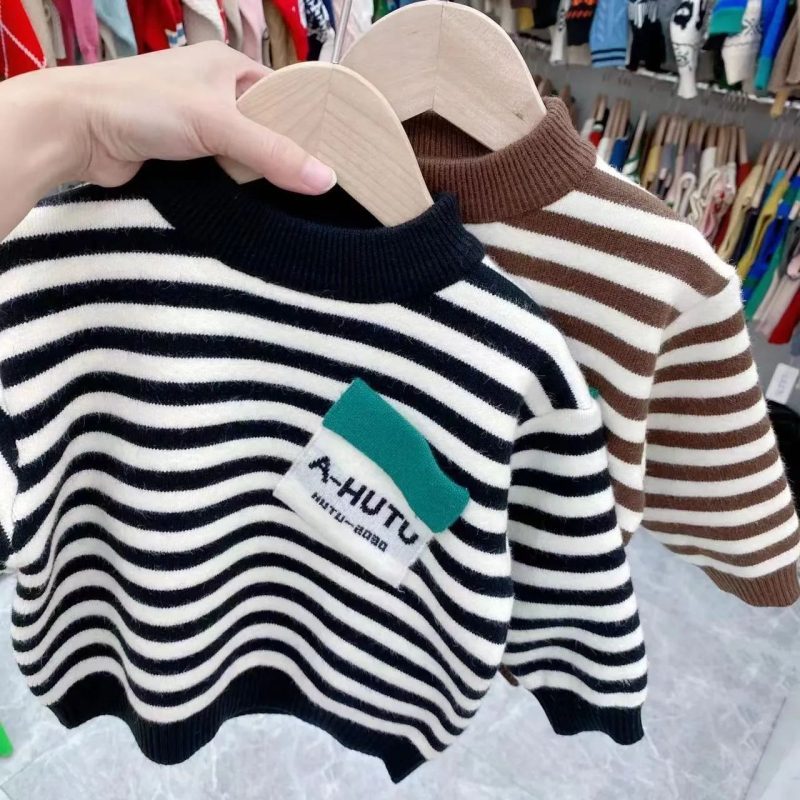 Pulover copii tricotat cu dungi, 90% bumbac, fleece interior, guler rotund, mâneci lungi, stil coreean, pentru copii 3–8 ani, toamnă, grosime normală