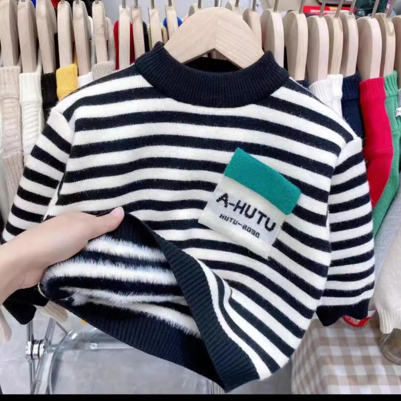 Pulover copii tricotat cu dungi, 90% bumbac, fleece interior, guler rotund, mâneci lungi, stil coreean, pentru copii 3–8 ani, toamnă, grosime normală