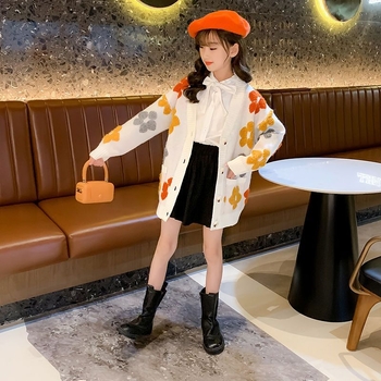 Cardigan tricotat pentru fete, croială lejeră, Primăvară-Toamnă 2025, poliester, decolteu în V, mâneci lungi, închidere cu nasturi pe un rând