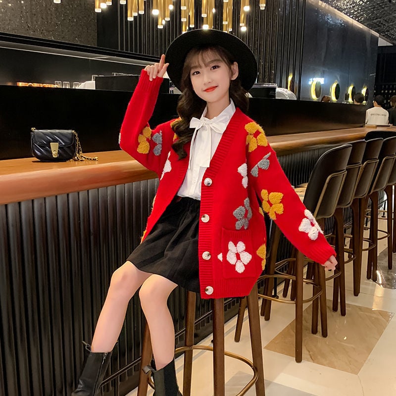 Cardigan tricotat pentru fete, croială lejeră, Primăvară-Toamnă 2025, poliester, decolteu în V, mâneci lungi, închidere cu nasturi pe un rând