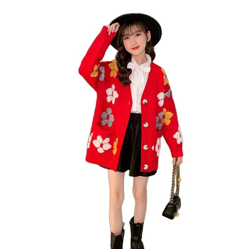 Cardigan tricotat pentru fete, croială lejeră, Primăvară-Toamnă 2025, poliester, decolteu în V, mâneci lungi, închidere cu nasturi pe un rând