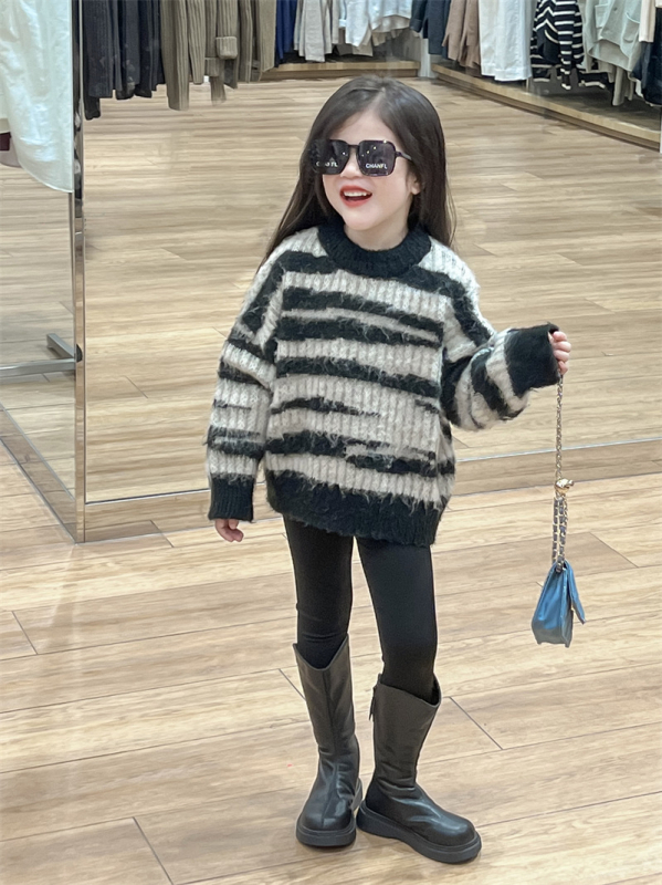 Pulover pentru copii, stil coreean, dungi neregulate, țesătură de bumbac îngroșat, guler rotund (Iarnă; 8+ ani; bumbac 96–100%)