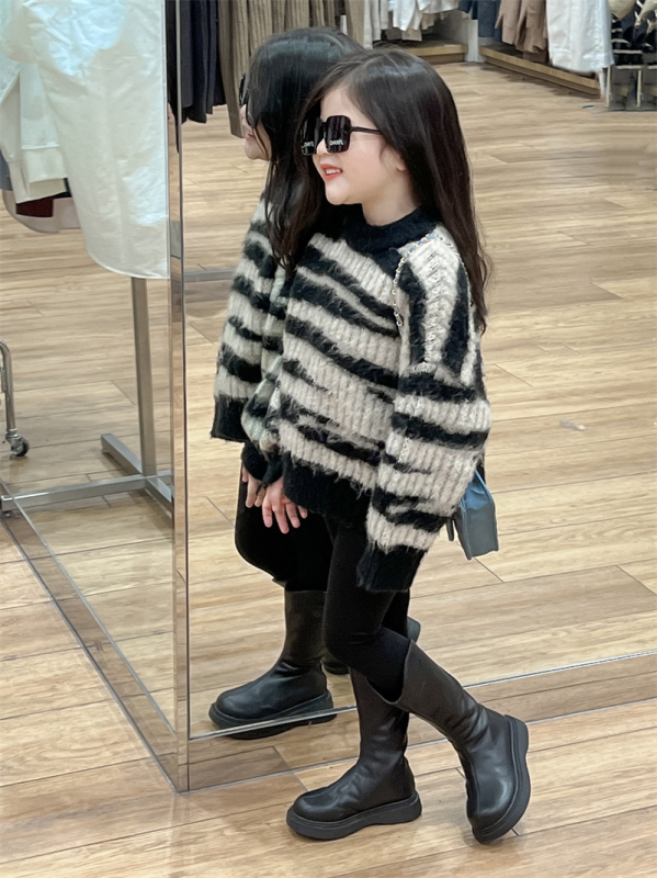 Pulover pentru copii, stil coreean, dungi neregulate, țesătură de bumbac îngroșat, guler rotund (Iarnă; 8+ ani; bumbac 96–100%)
