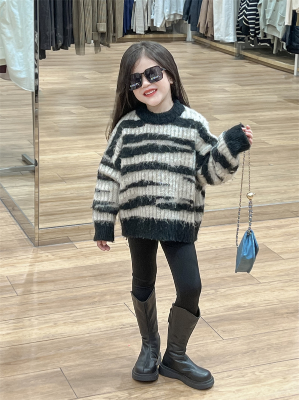 Pulover pentru copii, stil coreean, dungi neregulate, țesătură de bumbac îngroșat, guler rotund (Iarnă; 8+ ani; bumbac 96–100%)