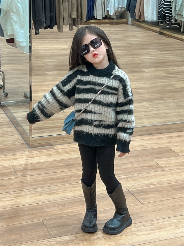 Pulover pentru copii, stil coreean, dungi neregulate, țesătură de bumbac îngroșat, guler rotund (Iarnă; 8+ ani; bumbac 96–100%)