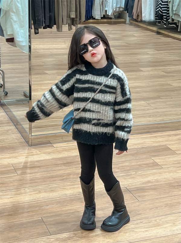 Pulover pentru copii, stil coreean, dungi neregulate, țesătură de bumbac îngroșat, guler rotund (Iarnă; 8+ ani; bumbac 96–100%)
