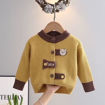 Cardigan pentru copii pentru băieți nou-născuți, model desen anim, mâneci lungi, guler rotund, închidere cu un singur rând de nasturi, tricotat exterior