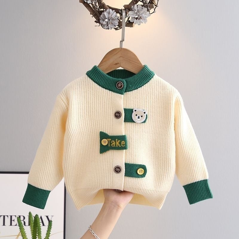 Cardigan pentru copii pentru băieți nou-născuți, model desen anim, mâneci lungi, guler rotund, închidere cu un singur rând de nasturi, tricotat exterior