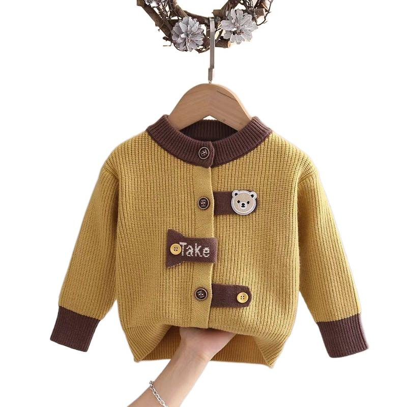 Cardigan pentru copii pentru băieți nou-născuți, model desen anim, mâneci lungi, guler rotund, închidere cu un singur rând de nasturi, tricotat exterior