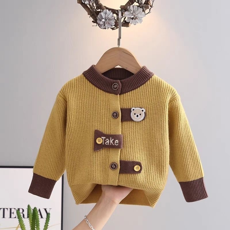 Cardigan pentru copii pentru băieți nou-născuți, model desen anim, mâneci lungi, guler rotund, închidere cu un singur rând de nasturi, tricotat exterior