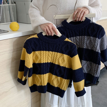 Pulover pentru copii, tricotat gros, stil coreean, model cu dungi, amestec acrilic, poliester și nailon, pentru copii 3–8 ani, iarnă 2025
