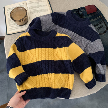 Pulover pentru copii, tricotat gros, stil coreean, model cu dungi, amestec acrilic, poliester și nailon, pentru copii 3–8 ani, iarnă 2025