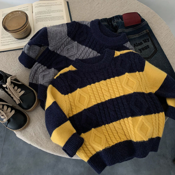 Pulover pentru copii, tricotat gros, stil coreean, model cu dungi, amestec acrilic, poliester și nailon, pentru copii 3–8 ani, iarnă 2025