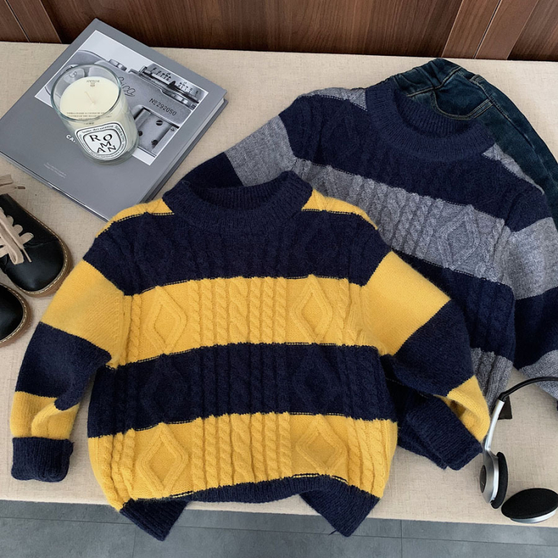 Pulover pentru copii, tricotat gros, stil coreean, model cu dungi, amestec acrilic, poliester și nailon, pentru copii 3–8 ani, iarnă 2025