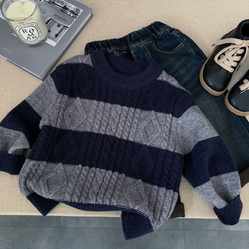 Pulover pentru copii, tricotat gros, stil coreean, model cu dungi, amestec acrilic, poliester și nailon, pentru copii 3–8 ani, iarnă 2025
