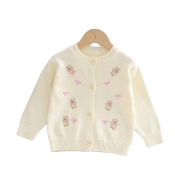 Cardigan tricotat pentru fete, broderie cu ursuleț, mâneci lungi, guler rotund, închidere cu un nasture